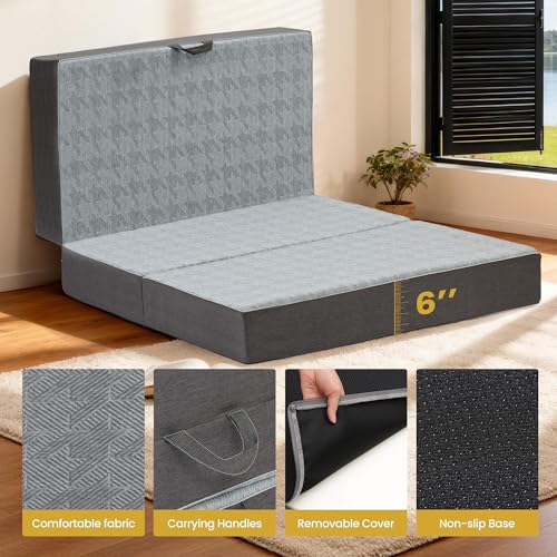 Tri Folding Mattress Twin Size - 6 Inch Dual-Layer Memory Foam Foldable Mattress Portable Futon Sofa Bed with Removable Washable Cover, Handle & Non-Slip Bottom for Guest, Camping, RV, Yoga, Home Use feliz home