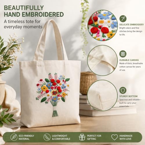 Mordely Flower Bouquet Embroidery Tote Bag Kit for Beginners, DIY Hand Embroidery Starter Set with Canvas Bag, 7.9 Inch Hoop, Colour Threads, 2 Needles and English Instructions
