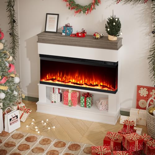 3-Sided View Electric Fireplace Insert - Freestanding Fireplace Minimalist Mantel - 12 Color Flame Effect - 1500/750 Watt Heater - Remote Control - Log & Crystals(40", White, Open Storage) Maxhonor