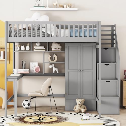 Ball & Cast Full Size Loft Bed with Storage Ladder and Bookshelf,Wooden Bedframe w/Drawers & Wardrobe,Desk,Full-Length Guard Rail,Space Saving,Bedroom Furniture for Student Dorms,Gray Ball & Cast
