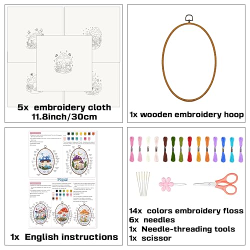 ORIGACH 5 Pack Mushroom Embroidery Kits for Beginners, DIY Stamped Cross Stitch Kit with Mushroom Patterns Hoops Needles Threads and Instructions for Adults Embroidery Craft Lover