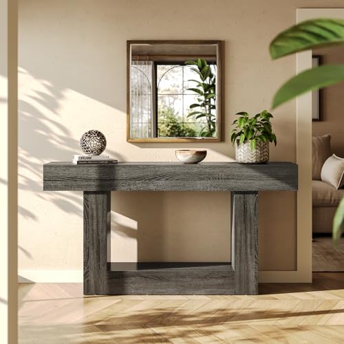 LITTLE TREE 63 Inches Long Console Table, 2-Tier Farmhouse Sofa Table Behind Couch, Large Narrow Entryway Table for Living Room, Wooden Hallway Foyer Table with Heavy Duty Base, Grey LITTLE TREE