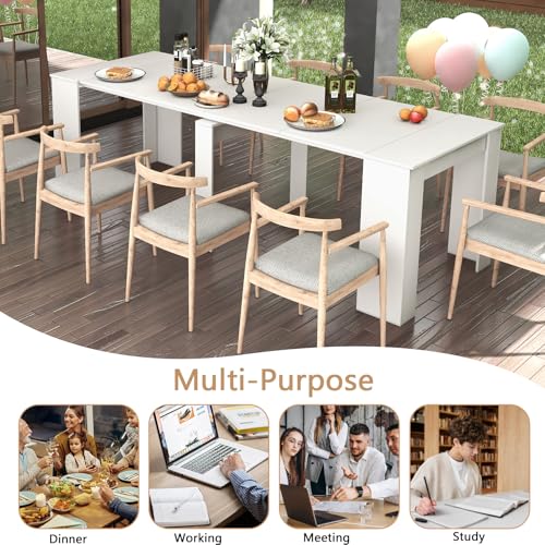 20"-118" Extendable Dining Room Table Console Table, Modern Large Dining Table for 2-14 People, White Wood Extendable Kitchen Console Table with Wood Legs for Entryway Henf