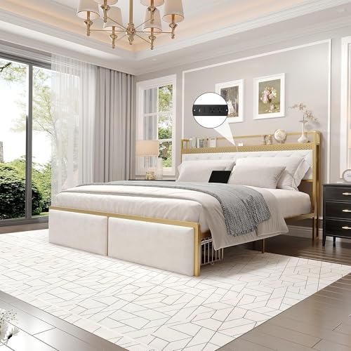 GarveeHome King Bed Frame with 2 Storage Drawers, LED Bed Frame with 2-Tier Storage Headboard&Charging Station, Metal Platform Bed Frame, No Box Spring Needed, Noise Free, White GarveeHome