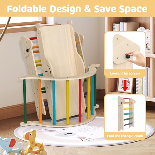 BIERUM 8 in 1 Montessori Pikler Triangle Set with Soft Cushion, Foldable Toddler Climbing Toys with Ramp for Sliding or Climbing, Wooden Jungle Gym, Indoor Playground for Toddlers and Kids, Rainbow BIERUM