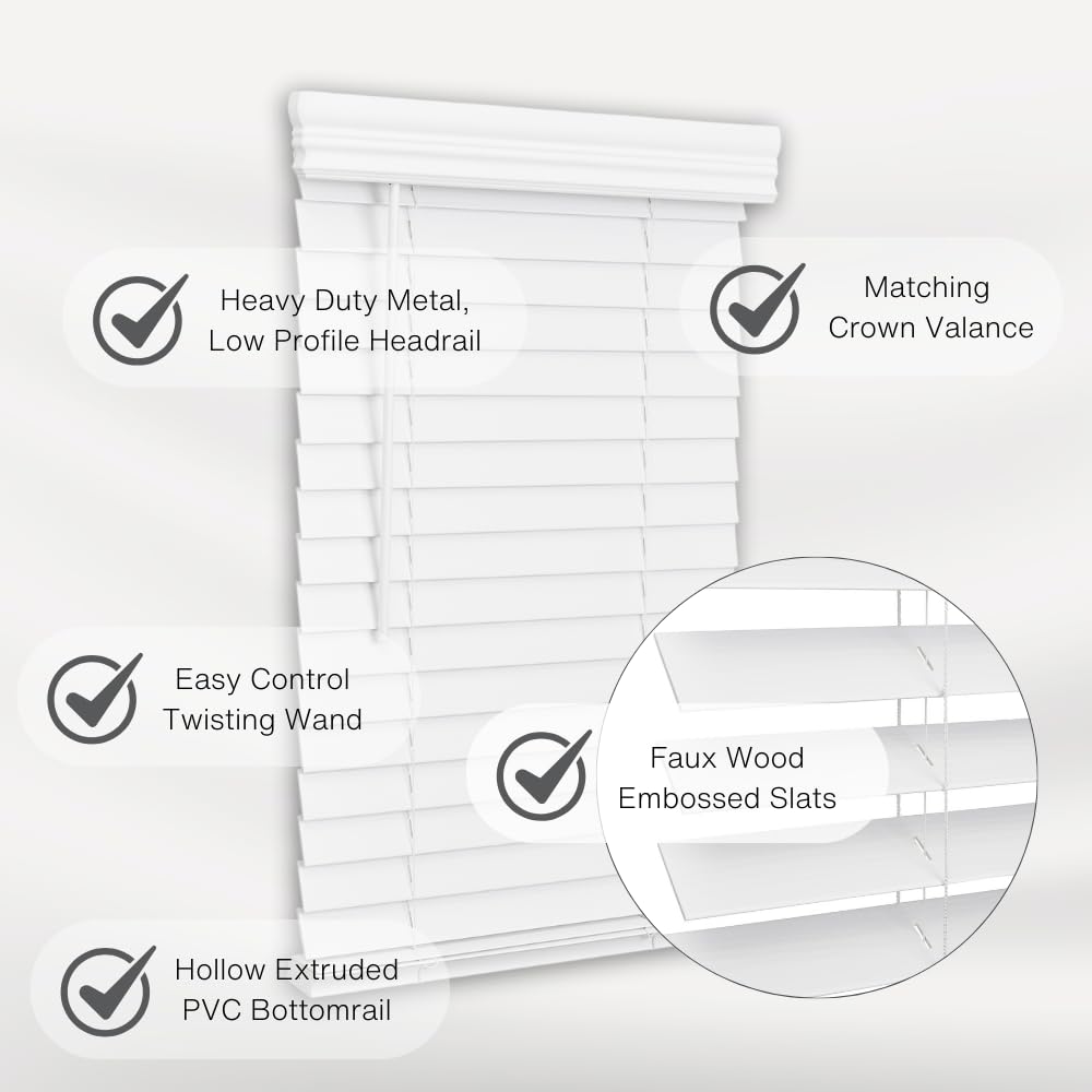 Lotus & Windoware Cordless, 2 Inch Faux Wood Blind, 34" Wide x 36" Long, Window Blinds, Blinds & Shades, Blinds for Indoor Windows, Embossed, Bright White LOTUS & WINDOWARE