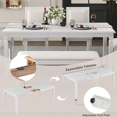 Merax Farmhouse Wooden Dining Set of 6, 72 Inch Extendable Kitchen Table, 4 Chairs w/Backrest, 2-Person Bench w/Cushion, Rustic Kitchen Table Set w/Distressed Finish & Carved Legs, Washed White Merax
