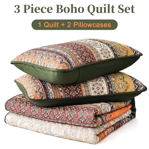 WONGS BEDDING Boho King Quilt Set, Green and Orange Bohemian Quilt Bedding Set, Fall Lightweight Bed Decor Bedspread for All Season Reversible Microfiber Coverlet Bedding Set 103"x90"(3 Pieces) WONGS BEDDING