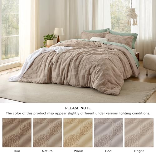 Bedsure Twin/Twin XL Size Comforter Set Khaki, Boho Tufted Bed Set, Checkered Farmhouse Shabby Chic Bedding, 2 Pieces, 1 Plaid Geometric Comforter and 1 Pillow Sham Bedsure