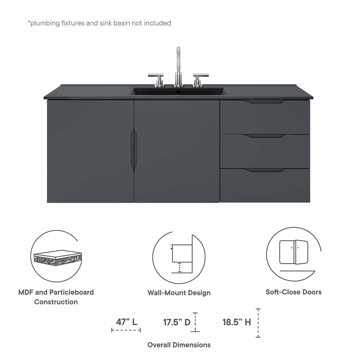 Modway Vitality 48" Double or Single Sink Compatible (Not Included) Bathroom Vanity Cabinet, 48 Inch,Grey Modway