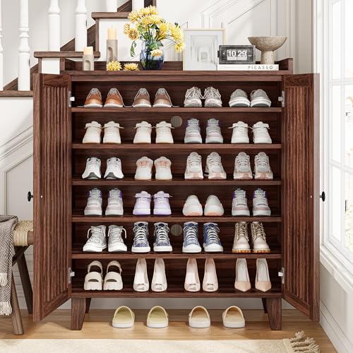 IRONCK Shoe Cabinet with Slatted Doors, 6-Tier Shoe Storage Cabinet with Adjustable Shelves, Wooden Shoe Rack Organizer for Entryway, Hallway, Closet, Living Room, Walnut IRONCK