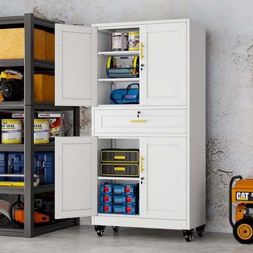 Ckzbx Metal Garage Storage Cabinets with Locking Doors and Adjustable Shelves, Tool Cabinets on Wheels, 75" H Heavy Duty Storage Organizers with Drawer for Garage Warehouse (White) Ckzbx