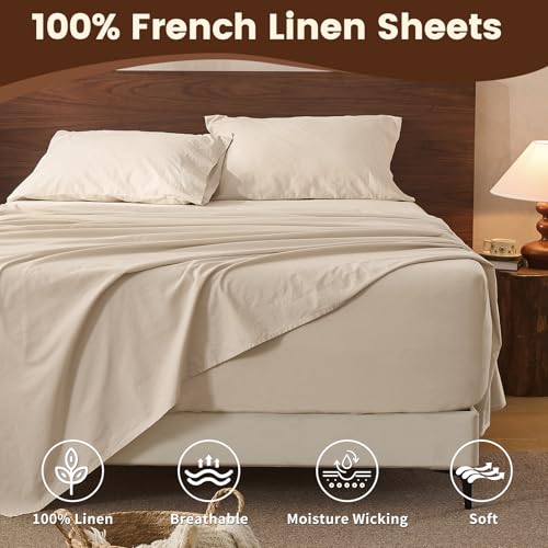 Overket 100% Linen Sheet Set Queen Size Extra Deep Pocket Fits 18-24 Inch Mattress, Breathable & Soft, Smooth 4-Piece Set for Thick Mattresses Hotel Luxury Bedding(Queen, Linen) Overket