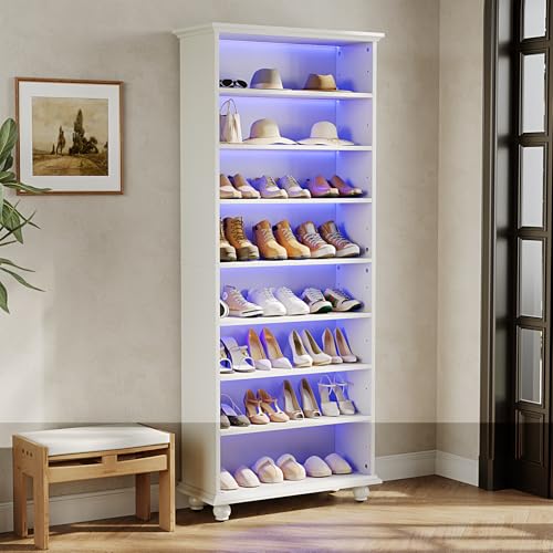 LITTLE TREE 69-Inch Tall Shoe Cabinet with LED Light Strip & Adjustable Shelves, White Wooden 8-Tier Shoes Display Cabinet for 26 Pairs, Freestanding Modern Shoe Cabinet for Entryway LITTLE TREE
