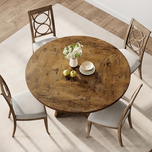 GarveeHome 47-Inch Round Large Dining Table, Wooden Kitchen Table Set for 4 to 6, Farmhouse Dinner Table with Wooden Top and Legs for Home Dining Room or Living Room - Rustic Brown(Only Table) GarveeHome