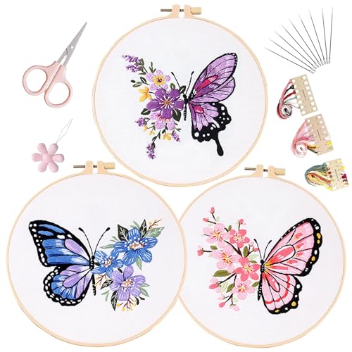 LB Butterfly Embroidery Kit for Beginners Adults, 3 Sets Hand Embroidery Starter Kit with Flower Pattern and Instructions Stamped Cross Stitch Kits Include Embroidery Hoop Needles Threads Scissors