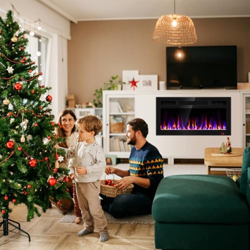 31 Inch Electric Fireplace Recessed and Wall Mounted, Fireplace Heater and Linear Fireplace, Ultra-Thin Electric Fireplace, Low Noise, with Timer, Remote Control, Adjustable 12 Flame Color, 750/1500W Sixfivsevn