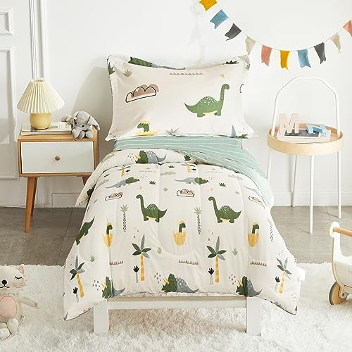 Joyreap 4 Piece Dinosaur Toddler Bedding Set, Cotton Toddler Comforter Sheet Set, Green Dinosaurs Print on White Design for Kids Boys n Girls Joyreap