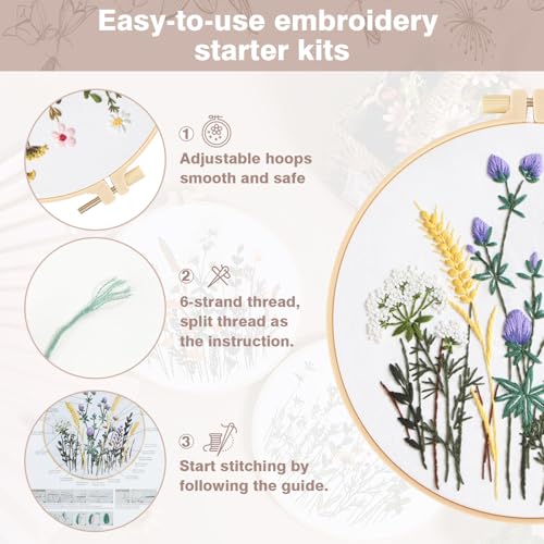 RidaaFri Embroidery Kit for Beginners, Set of 3 Flower Pattern DIY Kits for Adults & Starter, Hand Embroidery Practice Kit with Step-by-Step Guide & Video Tutorial, Includes Hoop, Needles, Floss
