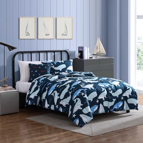 Nautica Kids - Finnian Whales Navy Twin Comforter Set, 3-Piece Bedding with Matching Shams & Throw Pillow, Kids Home Decor, Oeko-Tex Certified Nautica