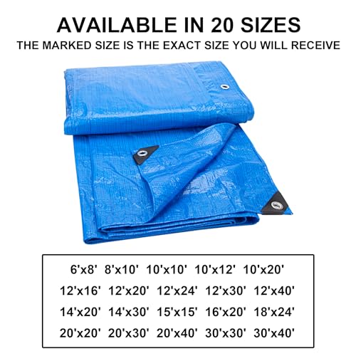 CARTMAN Finished Size 20x40 Feet Blue Poly Tarp 5 Mil Thick, Multipurpose Protective Cover for Camping, Tent, Boat, RV, Car CARTMAN