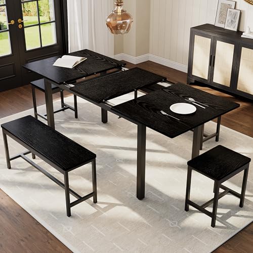 GAOMON Extendable Dining Table Set for 6-8 People, Farmhouse Style Wooden Table with 2 Benches and 2 Stools, Space Saving Kitchen Dining Room Furniture Set, Black GAOMON