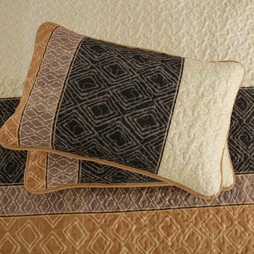 Cottolester Fall Quilt Set Queen Size 3 Pieces,Brown Striped Bedspread,Boho Plaid Bedding Set Soft Microfiber Quilt with 2 Pillow Shams 96"x90" Cottolester