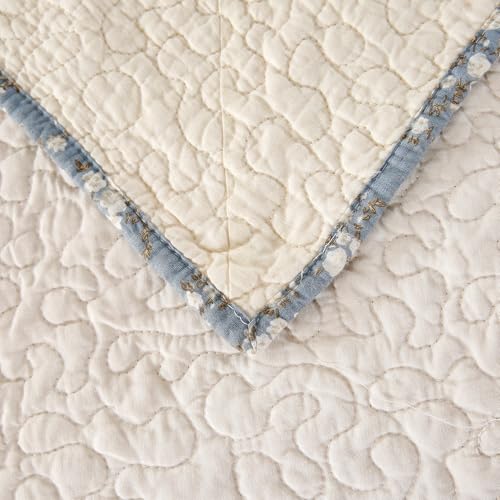 Quilt Set Blue Floral 3D Embroidery Pattern 3 PCS 100% Cotton Reversible Quilted Embroidered Decorative Bedspreads Coverlet Set, Lightweight &Soft Queen Size White Bedding Coverlet for All Season ROOMLIFE