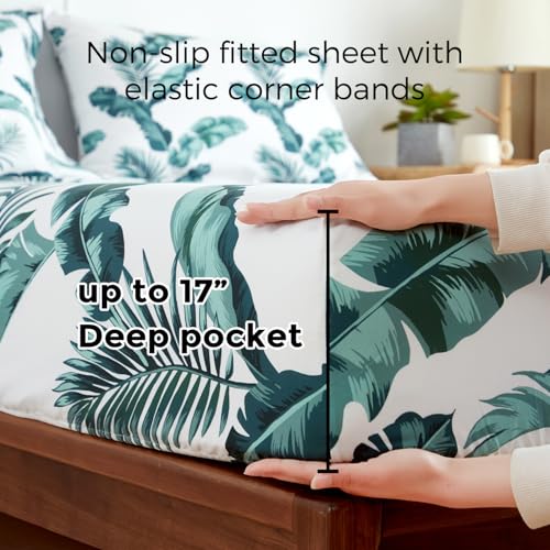 HENGWEITEXT Full Sheet Set, 4 Piece Bed Sheets for Full Size Bed Set, 17 Inch Sheets Deep Pocket, Soft and Breathable Microfiber, Wrinkle Free, Tropical Palm Tree Fronds Patterned Double Bedding HENGWEITEXT