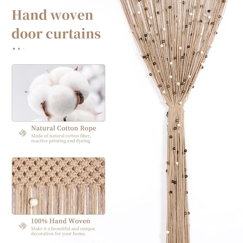 BECHAEO Macrame Beaded Curtain Boho Handmade Cotton Door String Curtain for Doorway Window Wooden Beads Hanging Hippie Room Divider Closet Bedroom Privacy Decor, 2 Panels 79" x 35" BECHAEO