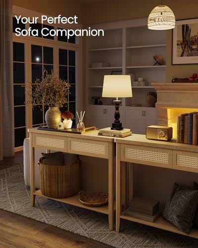 VASAGLE Console Sofa Table, Narrow Entryway Table, 2 Drawers, Open Storage Shelf, Rounded Corners, for Living Room, Boho Style, Oak Beige ULNT016YC01S VASAGLE