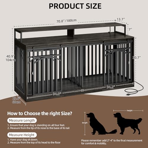 DWVO 71" Double Dog Crate Furniture with LED Light & Power Outlets, Heavy Duty Dual Dog Kennel TV Stand w Storage Shelves Sliding Doors, Wooden Two Dog Cage Table 2 Medium Large Dogs, Black Oak DWVO