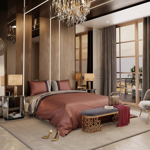 Stoa Paris Luxury Satin Queen Duvet Cover Set 3PCs, 300TC Silk-Like Bedding for Hot Sleepers, Skin & Hair Safe, Hidden Zipper + 2 Pillow Shams 20x30”, No Comforter Included, Vogue - Caramel, Wine Stoa Paris