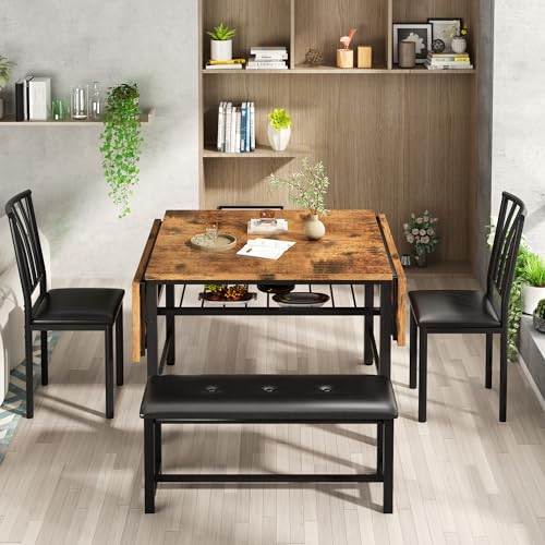 AWQM 4-Piece Faux Wood Drop Leaf Dining Table with Storage Rack, Space Saving Breakfast Nook Table Set with 2 Backrest Chairs and 1 Upholstered Bench, Kitchen Dining Table and Chairs Set for 2-4 AWQM