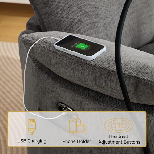 Power Recliner Chairs, 360° Swivel Rocking Chair Nursery with USB/Type-C & Phone Holder, Gilder Reclining Chair with Side Pocket for Adults, Barrel Recliners for Living Room, Chenille Dark Grey