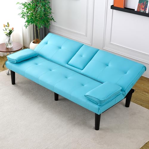 AnoYishev Futon Sofa Bed PU Leather Modern Convertible Futon Couch with Removable Armrests, Cup Holders, Loveseat Sleeper Sofa Bed for Living Room, Apartment, Small Spaces (Blue) AnoYishev