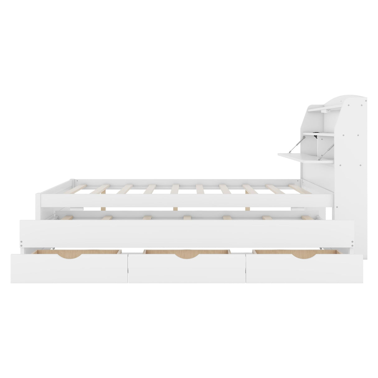 MERITLINE LED Platform Bed with Trundle, Drawers, and Bookcase Headboard - White Full Size Frame with USB Ports MERITLINE