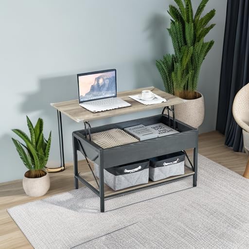 VINGLI 36" Lift Top Coffee Table with Free Cloth Storage Bins, Rustic Framhouse Grey Coffee Table for Living Room, Small Modern Coffee Table for Small Space in Minimalistic Style, Gray VINGLI