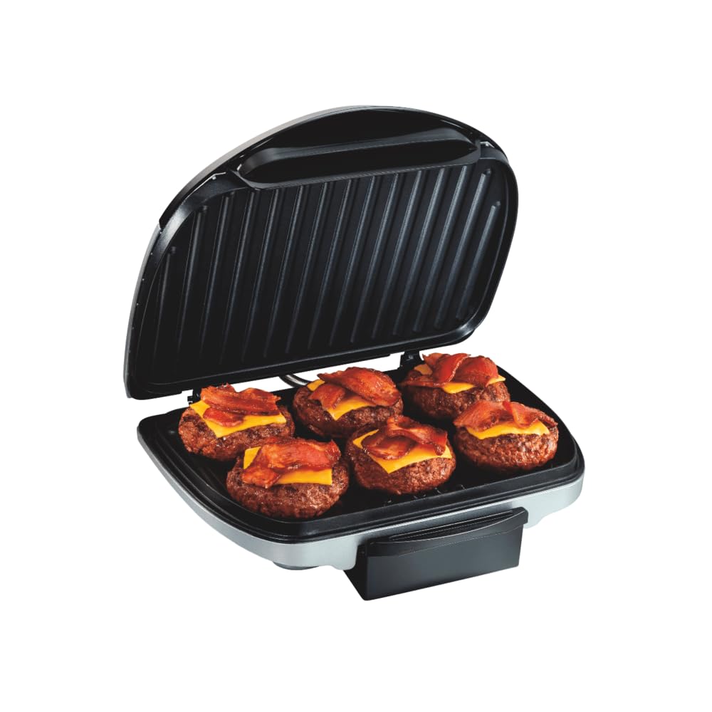 Hamilton Beach Electric Indoor Grill, 6-Serving, Large 90 sq. in. Nonstick Easy Clean Plates, Floating Hinge for Thicker Foods, 1200 Watts, 6.38"D x 12.68"W x 13.78"H , Silver (25371) Hamilton Beach