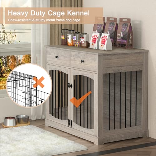 BREEZEHEAT 40 inch Dog Crate Furniture-Farmhouse Dog Kennel with Drawers-End Table Wooden Pet Crate, Double Door Design, Decorative Dog House Indoor for Small Medium Large Dog, Oak Grey BREEZEHEAT