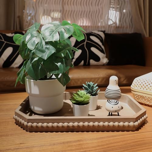 Hrastany Wood Rustic Serving Tray with Beads, Farmhouse Brown Decorative Tray for Table Centerpiece, Christmas Wedding Halloween Home Decor Hrastany