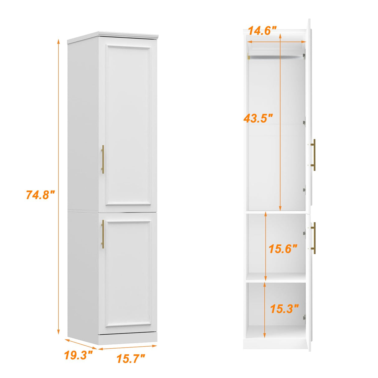 FUFU&GAGA Narrow Wardrobe Closet with 2 Doors, Modern White Bedroom Armoire with Gold Handles, Modern Clothes Storage Cabinet with Shelves, Hanging Rod, 15.7”W x 19.3”D x 74.8”H FUFU&GAGA