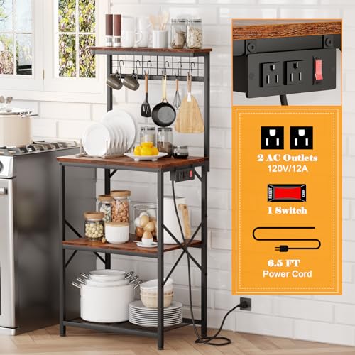 Furologee Rustic Brown Kitchen Bakers Rack with Power Outlet and 4 Tiers of Storage Furologee