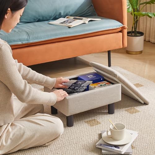 IBUYKE Storage Ottoman Footrest Stool with Linen Fabric, Rectangular, Flip Top Lid, Non-Slip Feet, Compact Design, Stylish and Functional, Linen RF-BD223 IBUYKE