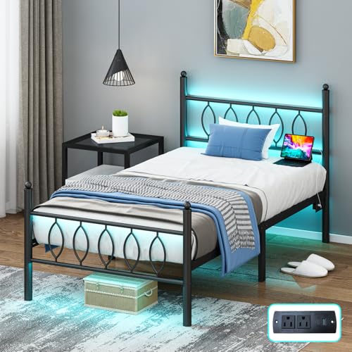 Samurbex Twin Size Bed Frame with Headboard,Black Metal Platform Bed Frame Twin Size with Charging Station & LED Lights,12-Inch Under Bed Storage,No Box Spring Needed,Noise Free,Easy to Assemble Samurbex