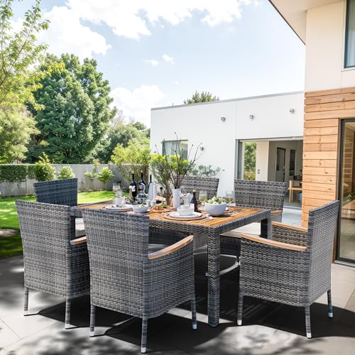 Shintenchi 7 Pieces Patio Dining Set, Wicker Patio Furniture Set with Soft Cushions and Wood Table Top, Outdoor Dining Table and Chairs for Backyard, Deck and Garden, Grey Rattan Shintenchi