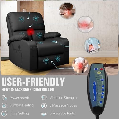 LAFWELL Rocking Recliner Chair, Massage Rocker with Vibration Massage and Heat, USB and Type-C Ports, 360 Swivel Faux Leather Chair for Living Room, Bedroom, Nursery, RV, Black