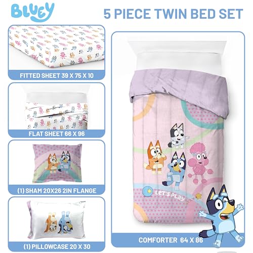 Jay Franco Kids Comforter Set Includes Sheets and Pillow Covers - Soft and Cozy Bed Set for Stylish Room Decor, Pink - Bluey 5 Piece Twin Size Bedding Jay Franco