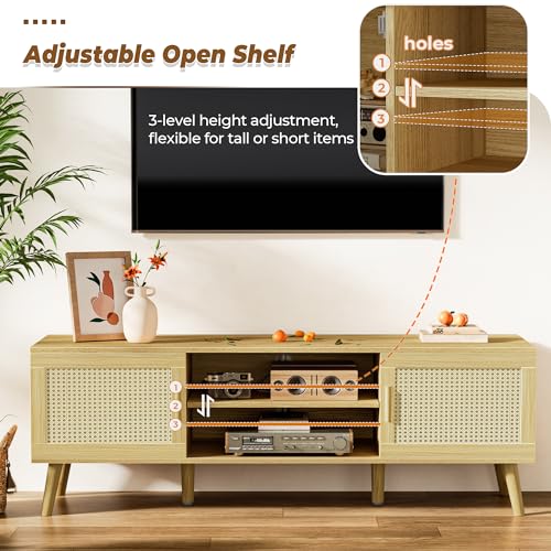 SUPERJARE Boho TV Stand for 55 Inch TV, Entertainment Center with Adjustable Shelf, Rattan TV Console with 2 Cabinets, Media Console, Solid Wood Feet, 4 Cord Holes, for Living Room - Natural SUPERJARE
