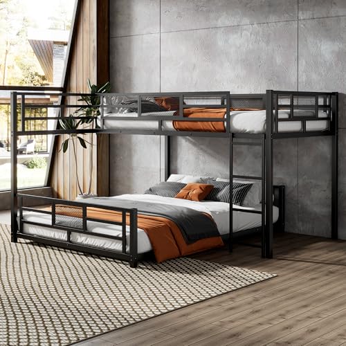 Merax L-Shaped Metal Twin Over Full Size Bunk Bed, with Staircase, Loft Platform Save Space No Box Spring Required, Black Merax